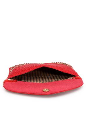 adorn red & gold stone work embellished faux silk clutch 7