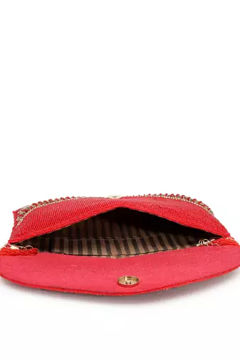 adorn red & gold stone work embellished faux silk clutch