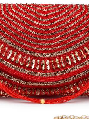 adorn red & gold stone work embellished faux silk clutch 8