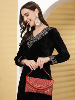 adorn red & gold stone work embellished faux silk clutch 9
