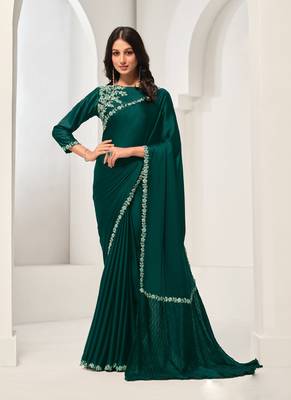 Dark green crape satin silk zardosi with handwork saree 1