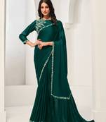 Dark green crape satin silk zardosi with handwork saree