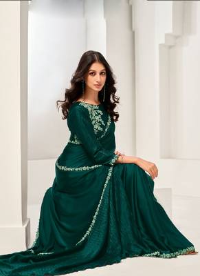 Dark green crape satin silk zardosi with handwork saree 2