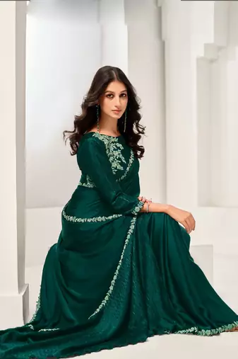 Dark green crape satin silk zardosi with handwork saree