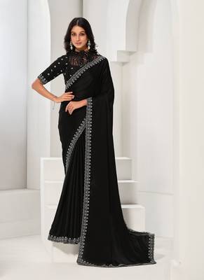 Black crape satin silk sequin with handwork saree 1