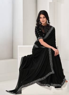 Black crape satin silk sequin with handwork saree 2
