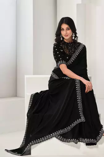 Black crape satin silk sequin with handwork saree