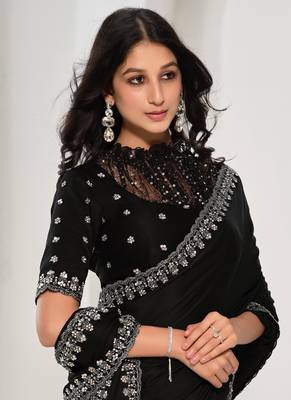 Black crape satin silk sequin with handwork saree 3