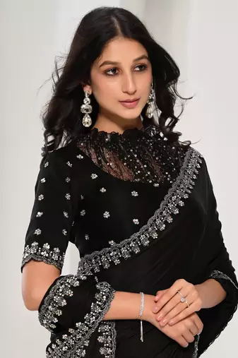 Black crape satin silk sequin with handwork saree