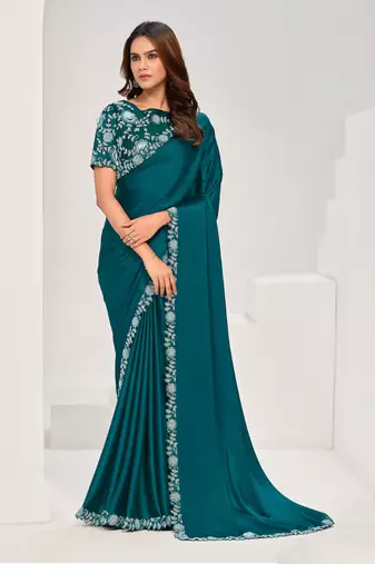 Teal crape satin silk sequin with moti work saree