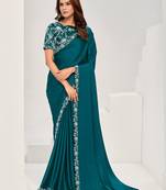 Teal crape satin silk sequin with moti work saree