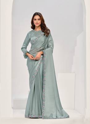 Gray crape satin silk with hand work & sequin work saree 1