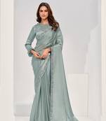Gray crape satin silk with hand work & sequin work saree