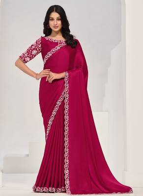 Rani pink crape satin silk sequin with moti work saree 1