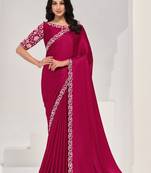 Rani pink crape satin silk sequin with moti work saree