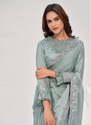 Gray crape satin silk with hand work & sequin work saree 2