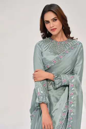 Gray crape satin silk with hand work & sequin work saree