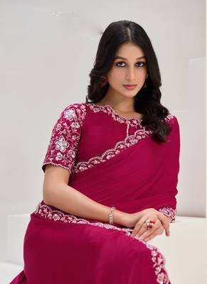 Rani pink crape satin silk sequin with moti work saree 2