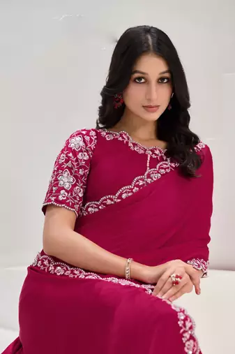 Rani pink crape satin silk sequin with moti work saree
