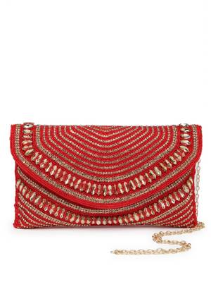 adorn red & gold stone work embellished faux silk clutch 11