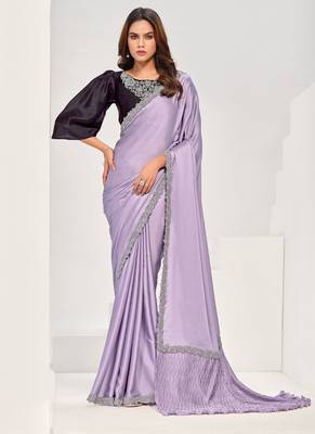 Lavender crape satin silk zardosi with hand work saree 1