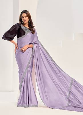 Lavender crape satin silk zardosi with hand work saree 2