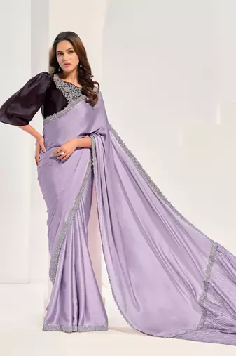 Lavender crape satin silk zardosi with hand work saree