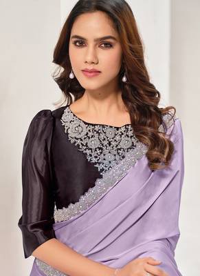 Lavender crape satin silk zardosi with hand work saree 3