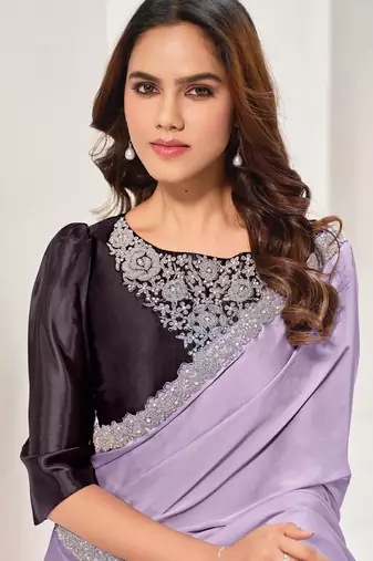 Lavender crape satin silk zardosi with hand work saree