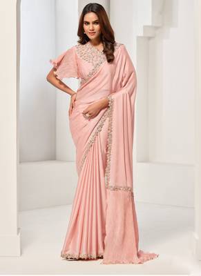 Peach crape satin silk sequin with hand work saree 1