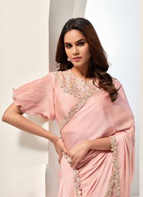 Peach crape satin silk sequin with hand work saree 2