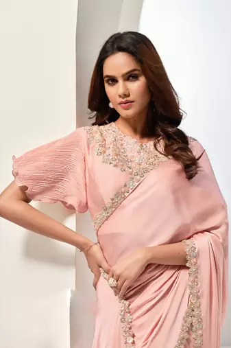 Peach crape satin silk sequin with hand work saree