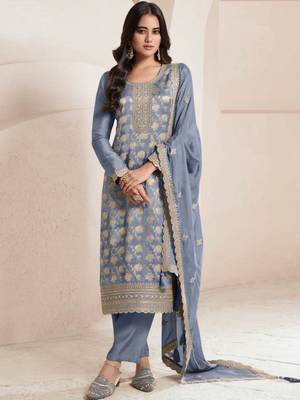 Light blue viscose jacquard semi stitched wedding suits 1