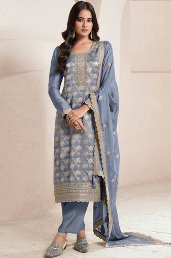 Light blue viscose jacquard semi stitched wedding suits