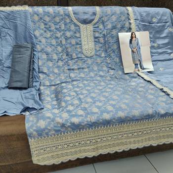 Light blue viscose jacquard semi stitched wedding suits 2