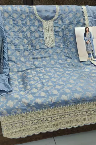 Light blue viscose jacquard semi stitched wedding suits