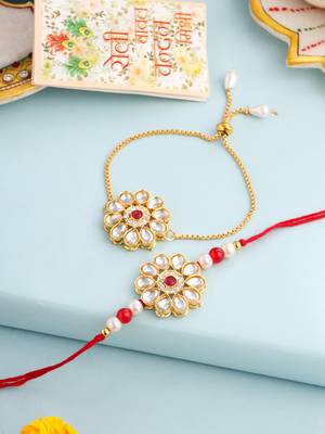 set of 2 gold toned kundan studded floral design bhaiya bhabhi rakhi set with roli chawal chandan & mishri 1