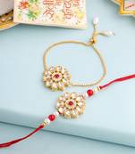 set of 2 gold toned kundan studded floral design bhaiya bhabhi rakhi set with roli chawal chandan & mishri
