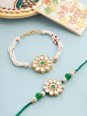 set of 2 kundan studded floral design gold toned bhaiya bhabhi rakhi set with roli chawal chandan & mishri 1