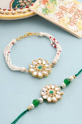 set of 2 kundan studded floral design gold toned bhaiya bhabhi rakhi set with roli chawal chandan & mishri