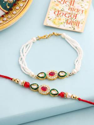set of 2 multicolor oval shape kundan studded & beads bhaiya bhabhi rakhi with roli chawal chandan & mishri 1