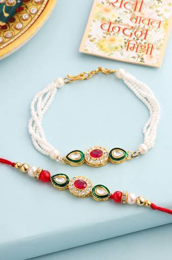 set of 2 multicolor oval shape kundan studded & beads bhaiya bhabhi rakhi with roli chawal chandan & mishri