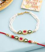 set of 2 multicolor oval shape kundan studded & beads bhaiya bhabhi rakhi with roli chawal chandan & mishri