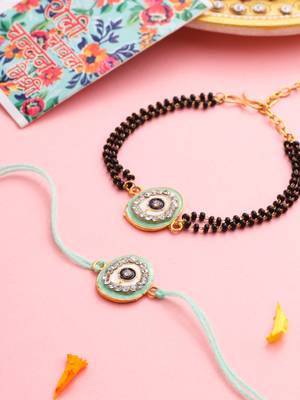 set of 2 green round shape artificial stones bhaiya bhabhi rakhi with roli chawal chandan & mishri 1