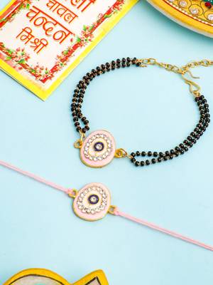 set of 2 pink round shape artificial stones bhaiya bhabhi rakhi with roli chawal chandan & mishri 1