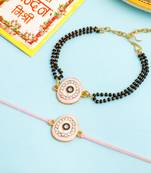 set of 2 pink round shape artificial stones bhaiya bhabhi rakhi with roli chawal chandan & mishri