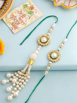 set of 2 white & green stone studded handcrafted bhaiya bhabhi thread rakhi with roli chawal chandan & mishri 1