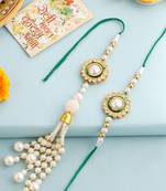 set of 2 white & green stone studded handcrafted bhaiya bhabhi thread rakhi with roli chawal chandan & mishri