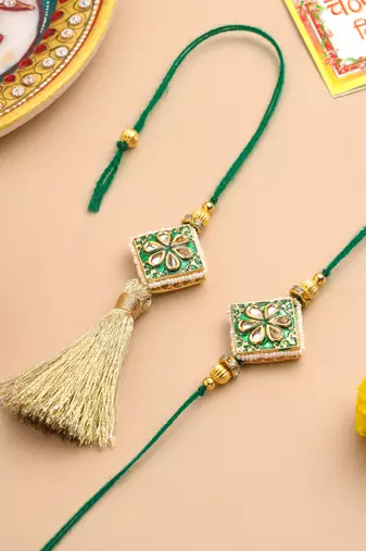 set of 2 handmade green kundan studded bhaiya bhabhi rakhi set with roli chawal chandan & mishri