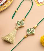 set of 2 handmade green kundan studded bhaiya bhabhi rakhi set with roli chawal chandan & mishri